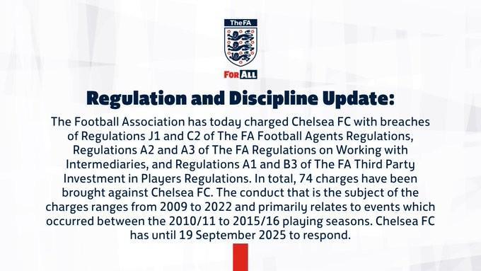 开云真人-官方：英足总对切尔西提起74项指控，涉及后者09-22年间行为